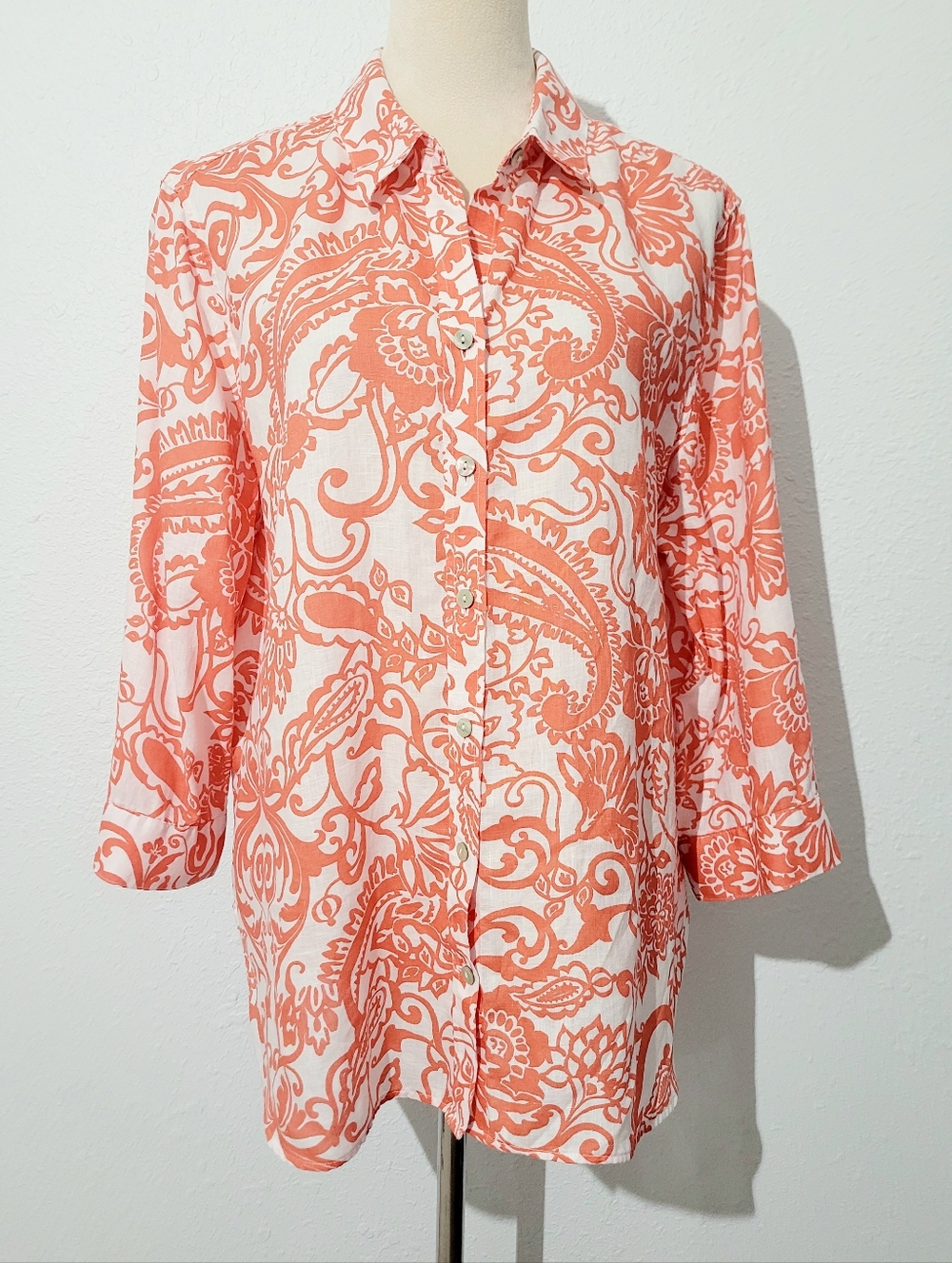 Chico’s 100% Linen Shirt Size 16 Orange White Paisley Button Front Top Classic - Picture 2 of 13